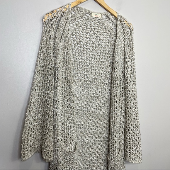 Hummingbird Open Knit Long Crochet Cardigan Marled Tan Open front S/M - Picture 11 of 12